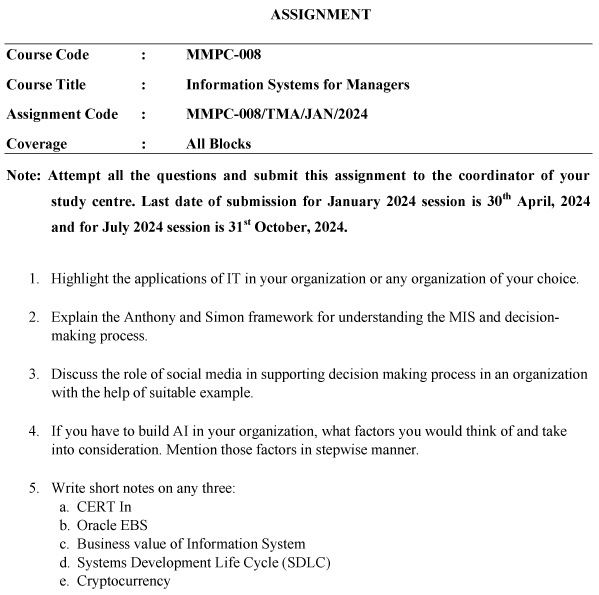 IGNOU MMPC-08 - Information Systems for Managers, Latest Solved Assignment-January 2024 - July 2024