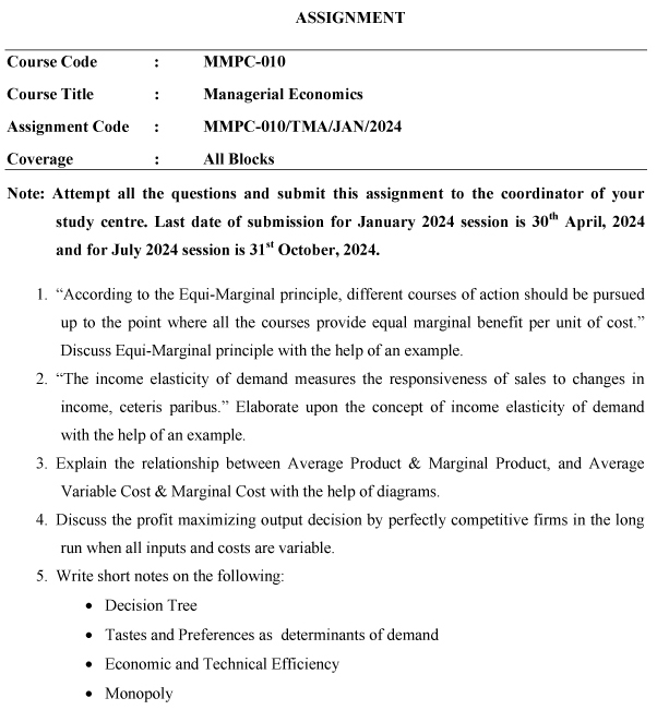 IGNOU MMPC-10 - Managerial Economics Latest Solved Assignment-January 2024 - July 2024