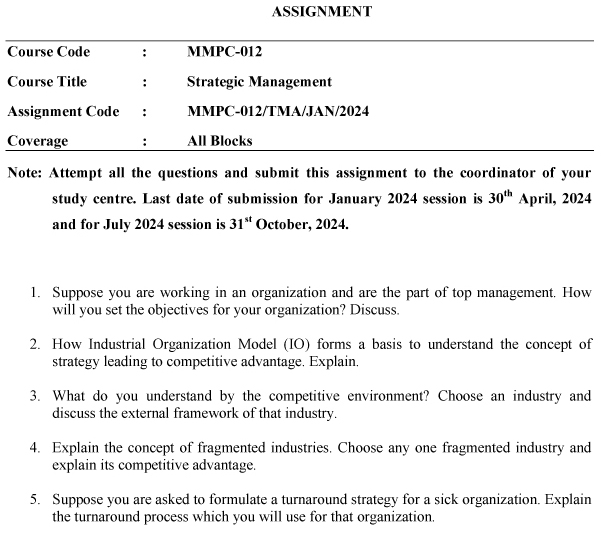 IGNOU MMPC-12 - Strategic Management Latest Solved Assignment-January 2024 - July 2024