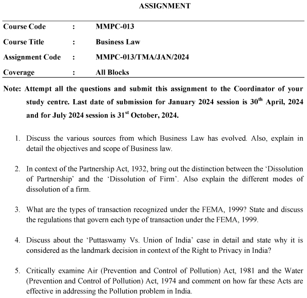 IGNOU MMPC-13 - Business Laws Latest Solved Assignment-January 2024 - July 2024