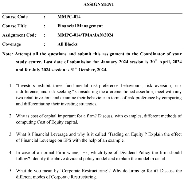 IGNOU MMPC-14 - Financial Management Latest Solved Assignment -January 2024 - July 2024