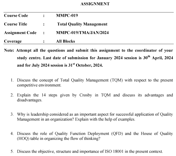 IGNOU MMPC-19 - Total Quality Management Latest Solved Assignment-January 2024 - July 2024