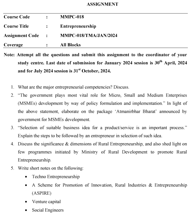 IGNOU MMPC-18 - Entrepreneurship Latest Solved Assignment-January 2024 - July 2024