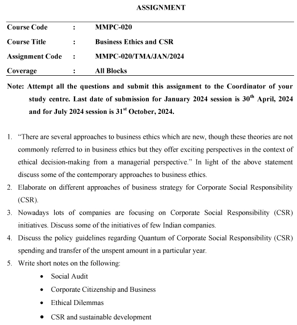 IGNOU MMPC-20 - Business Ethics and CSR Latest Solved Assignment-January 2024 - July 2024