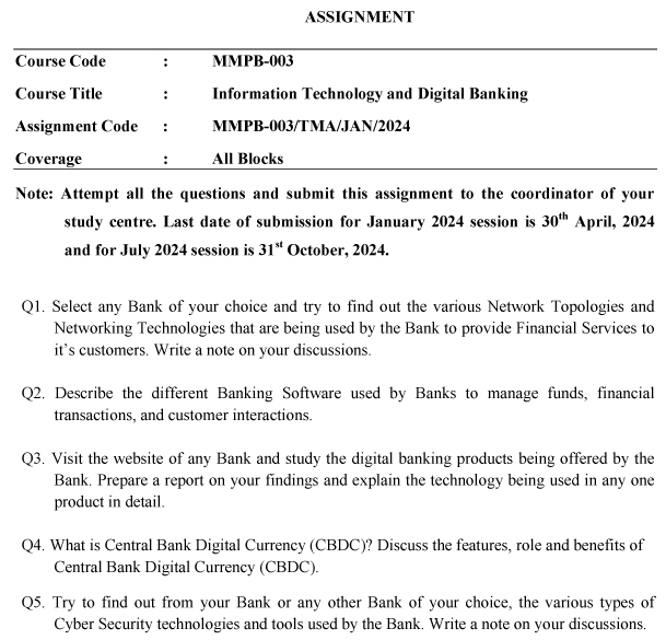 IGNOU MMPB-03 - Information Technology and Digital  Banking Latest Solved Assignment-January 2024 - July 2024