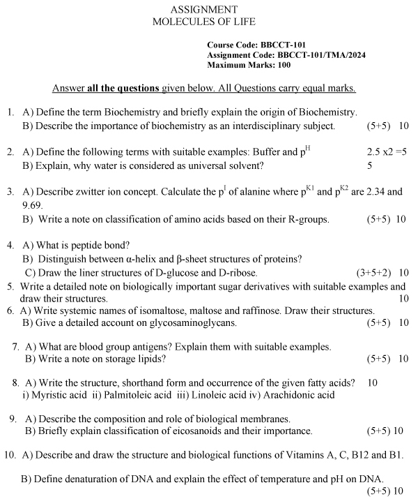 IGNOU BBCCT-101 - Molecules of Life, Latest Solved Assignment-January 2024 - December 2024