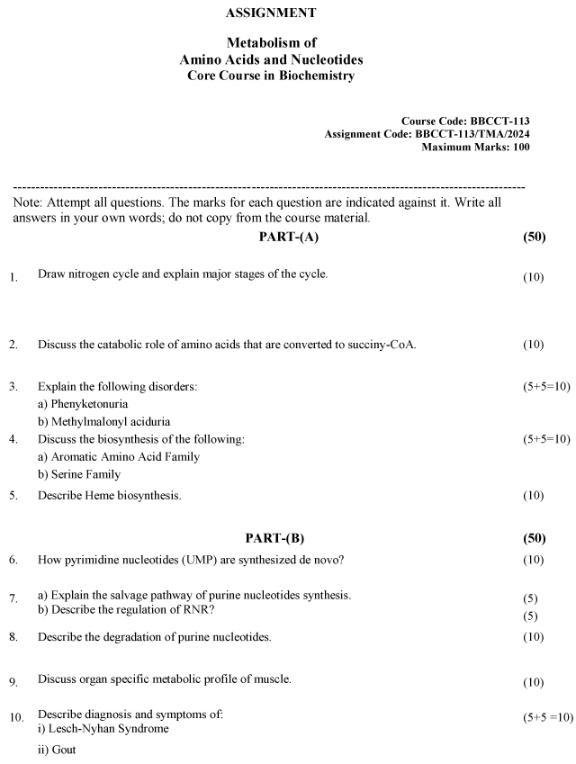 IGNOU BBCCT-113 - Metabolism of Amino Acids and Nucleotides, Latest Solved Assignment-January 2024 - December 2024