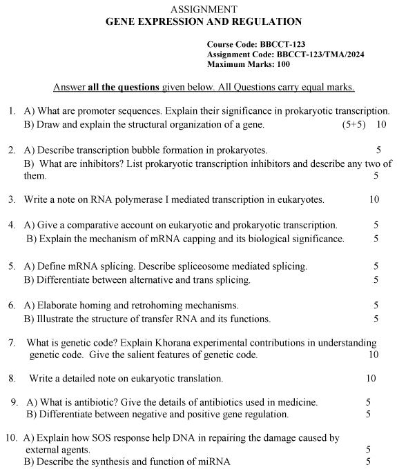 IGNOU BBCCT-123 - Gene Expression and Regulation Latest Solved Assignment-January 2024 - December 2024