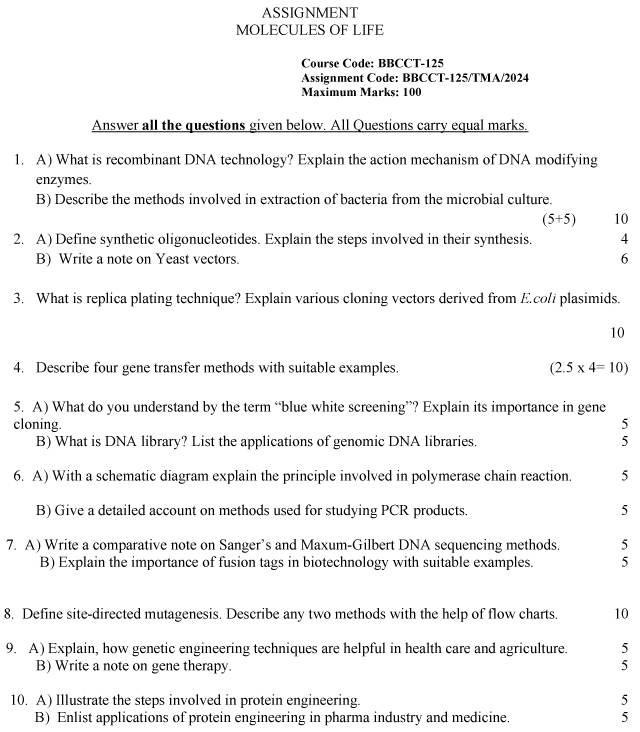 IGNOU BBCCT-125 - Genetic Engineering and Biotechnology Latest Solved Assignment-January 2024 - December 2024