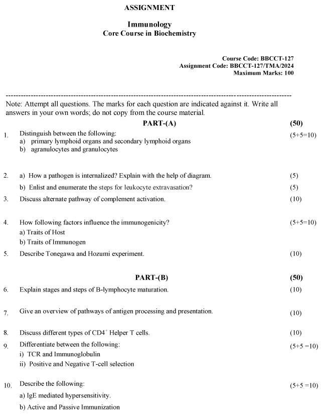 IGNOU BBCCT-127 - Immunology Latest Solved Assignment-January 2024 - December 2024