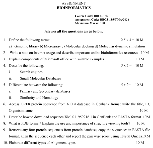 IGNOU BBCS-185 - Bioinformatics Latest Solved Assignment -January 2024 - December 2024