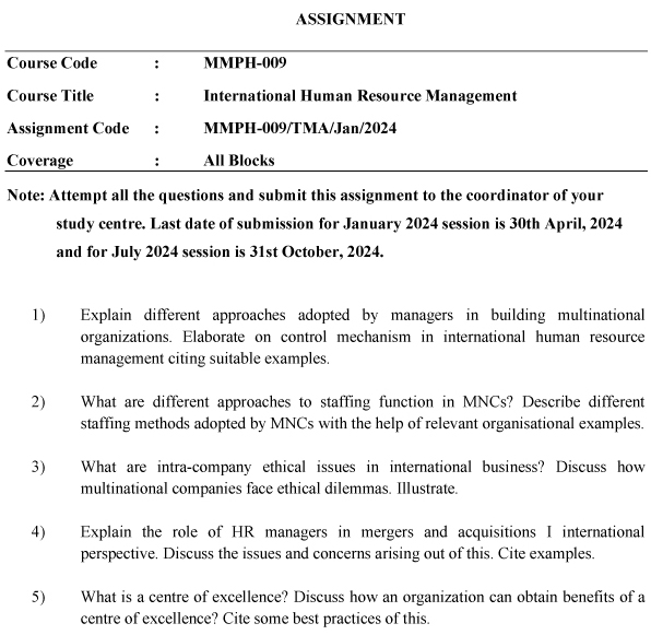 IGNOU MMPH-09 - International Human Resource Management Latest Solved Assignment-January 2024 - July 2024