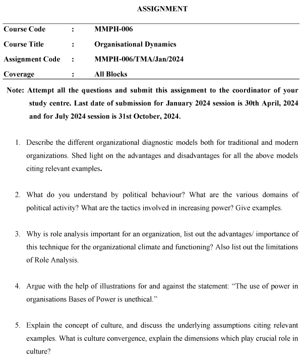 IGNOU MMPH-06 - Organisational Dynamics Solved Assignment-January 2024 - July 2024