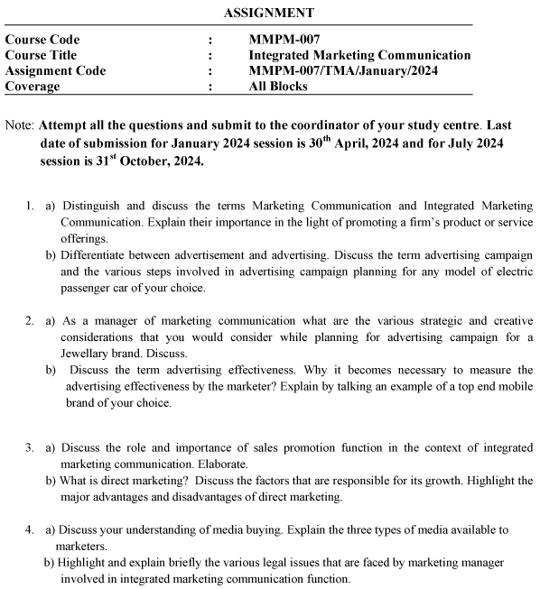 IGNOU MMPM-07 - Integrated Marketing communication Latest Solved Assignment-January 2024 - July 2024