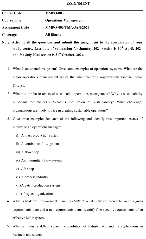 IGNOU MMPO-03 - Operations Management Latest Solved Assignment-January 2024 - July 2024