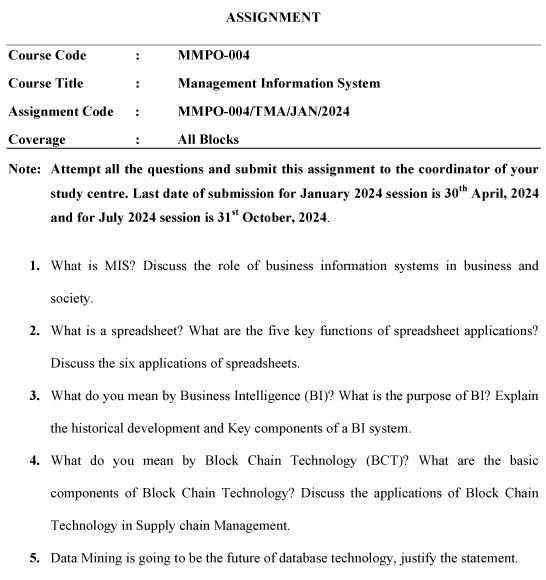 IGNOU MMPO-04 - Management Information Systems  Latest Solved Assignment-January 2024 - July 2024