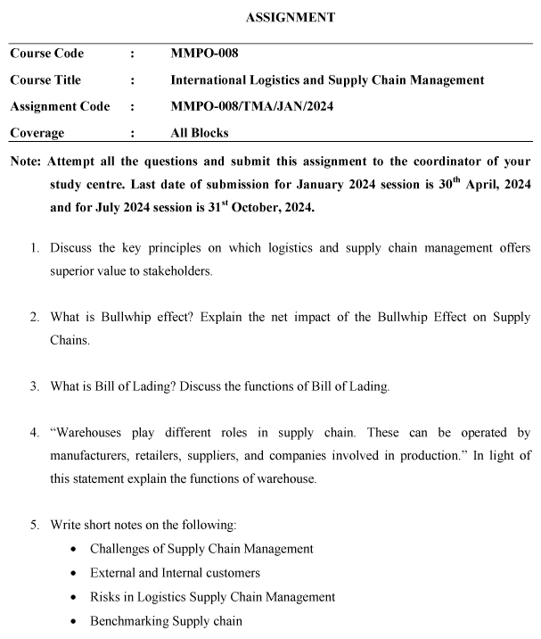 IGNOU MMPO-08 - International Logistics and Supply Chain Management Latest Solved Assignment-January 2024 - July 2024