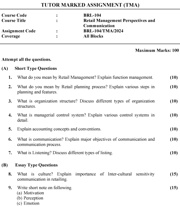 IGNOU BRL-104 - Retail Management Perspectives and Communication Latest Solved Assignment-January 2024 - December 2024