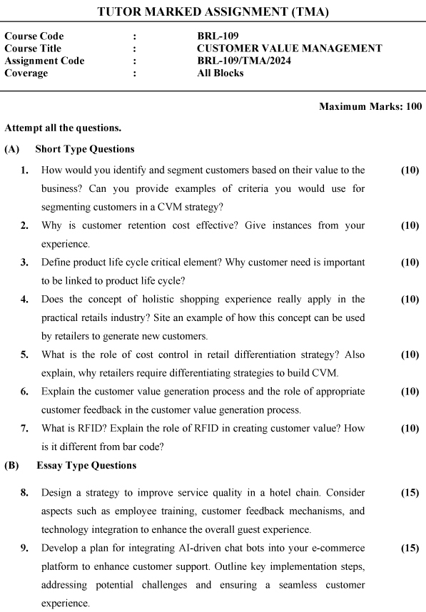 IGNOU BRL-109 - Customer Value Management Latest Solved Assignment-January 2024 - December 2024