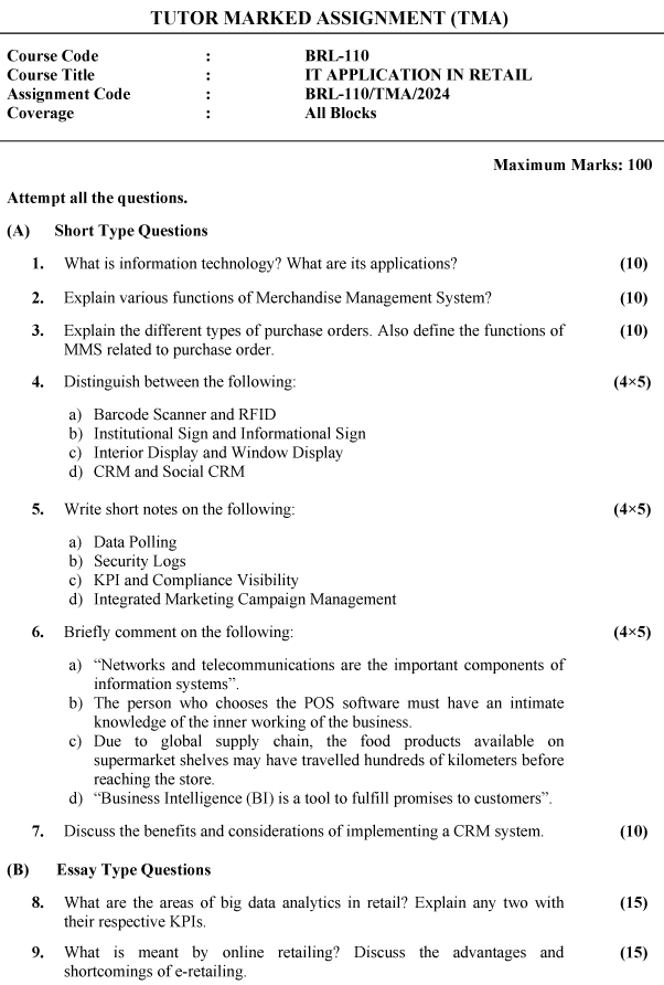 IGNOU BRL-110 - IT Application in Retail Latest Solved Assignment-January 2024 - December 2024