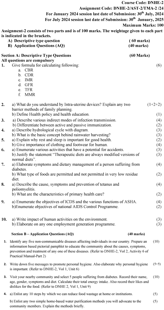 IGNOU DNHE-02 - Public Health and Hygiene, Latest Solved Assignment-January 2024 - July 2024