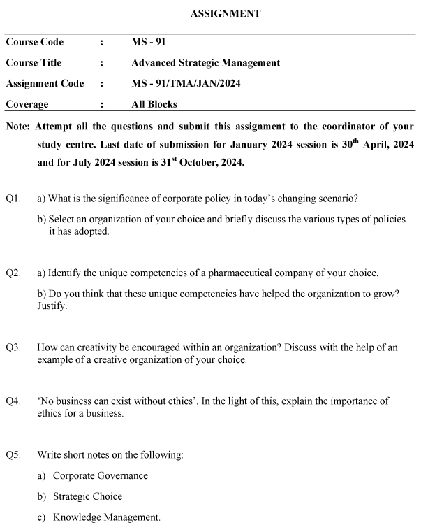 IGNOU MS-91 - Advanced Strategic Management Latest Solved Assignment-January 2024 - July 2024