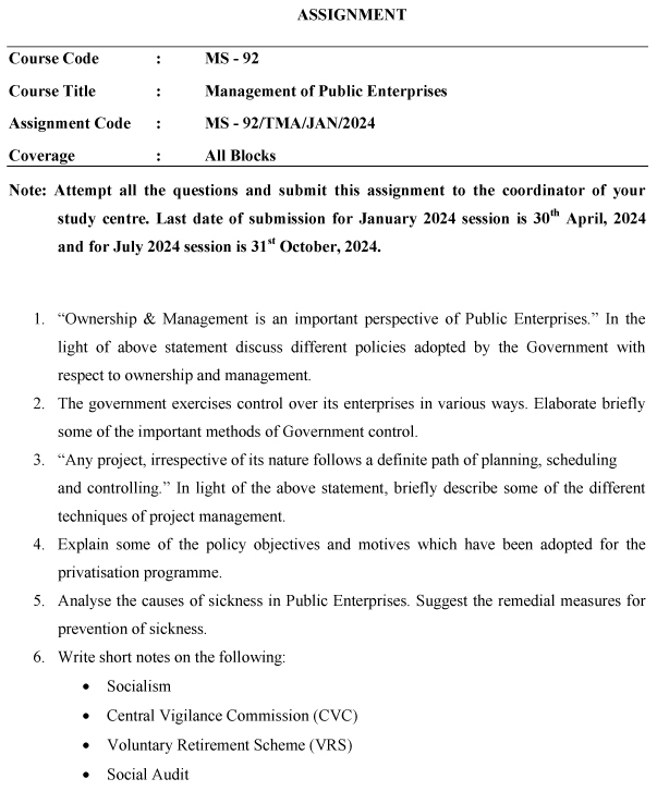 IGNOU MS-92 - Management of Public Enterprises Latest Solved Assignment-January 2024 - July 2024