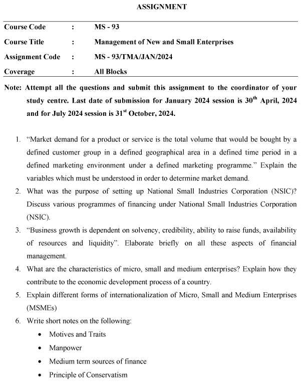 IGNOU MS-93 - Management of New and Small Enterprises Latest Solved Assignment-January 2024 - July 2024