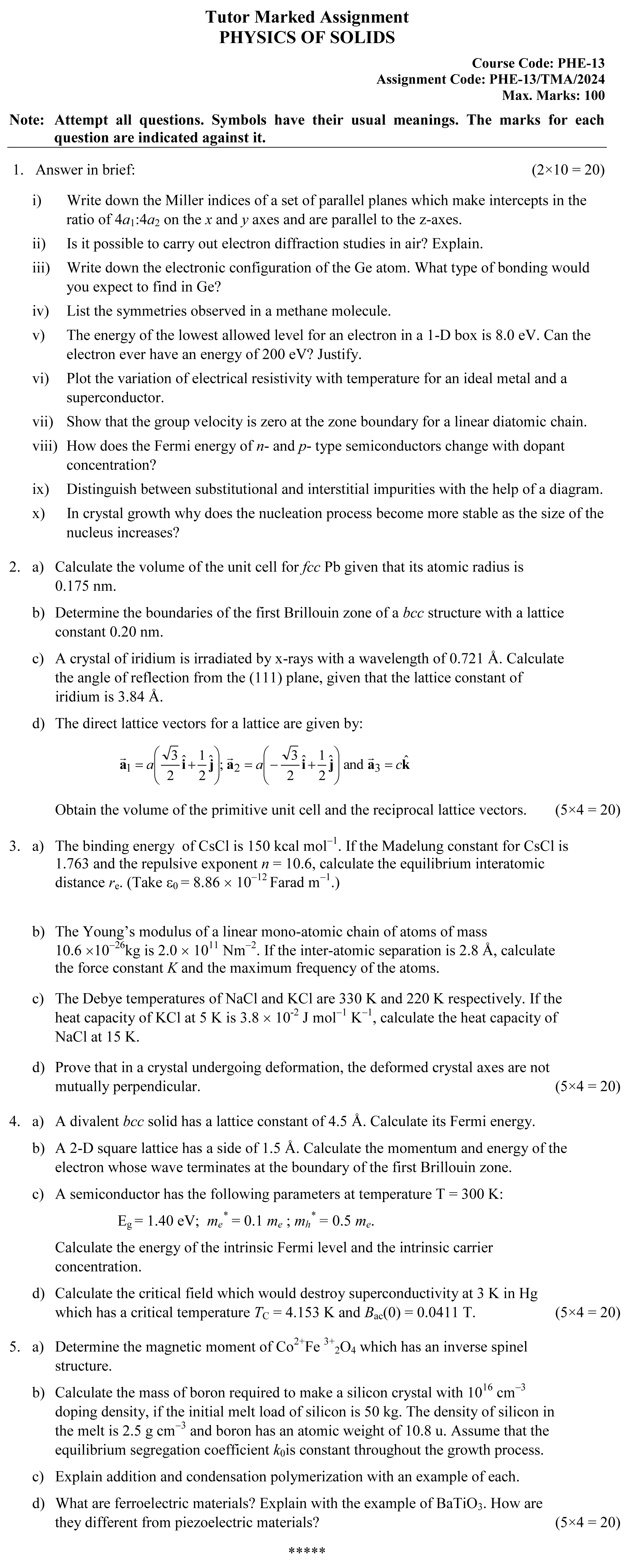 PHE-13 - Physics of Solids-January 2024 - December 2024