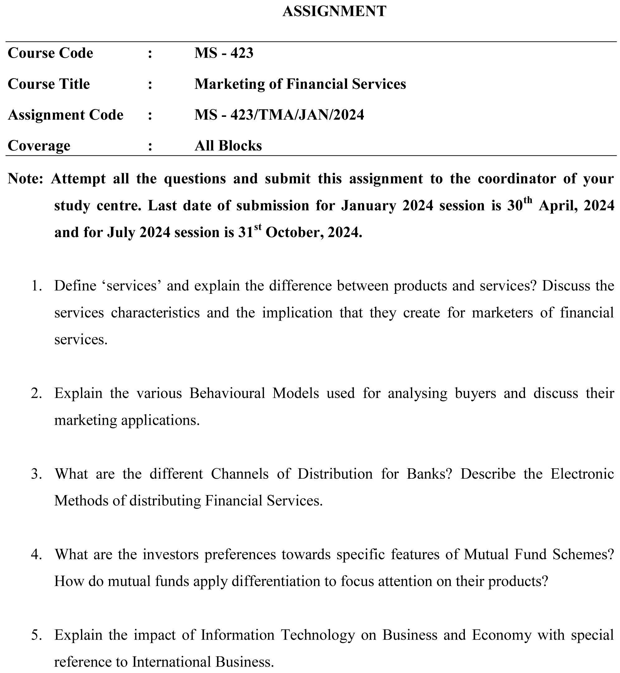 IGNOU MS-423 - Marketing of Financial Services Latest Solved Assignment-January 2024 - July 2024