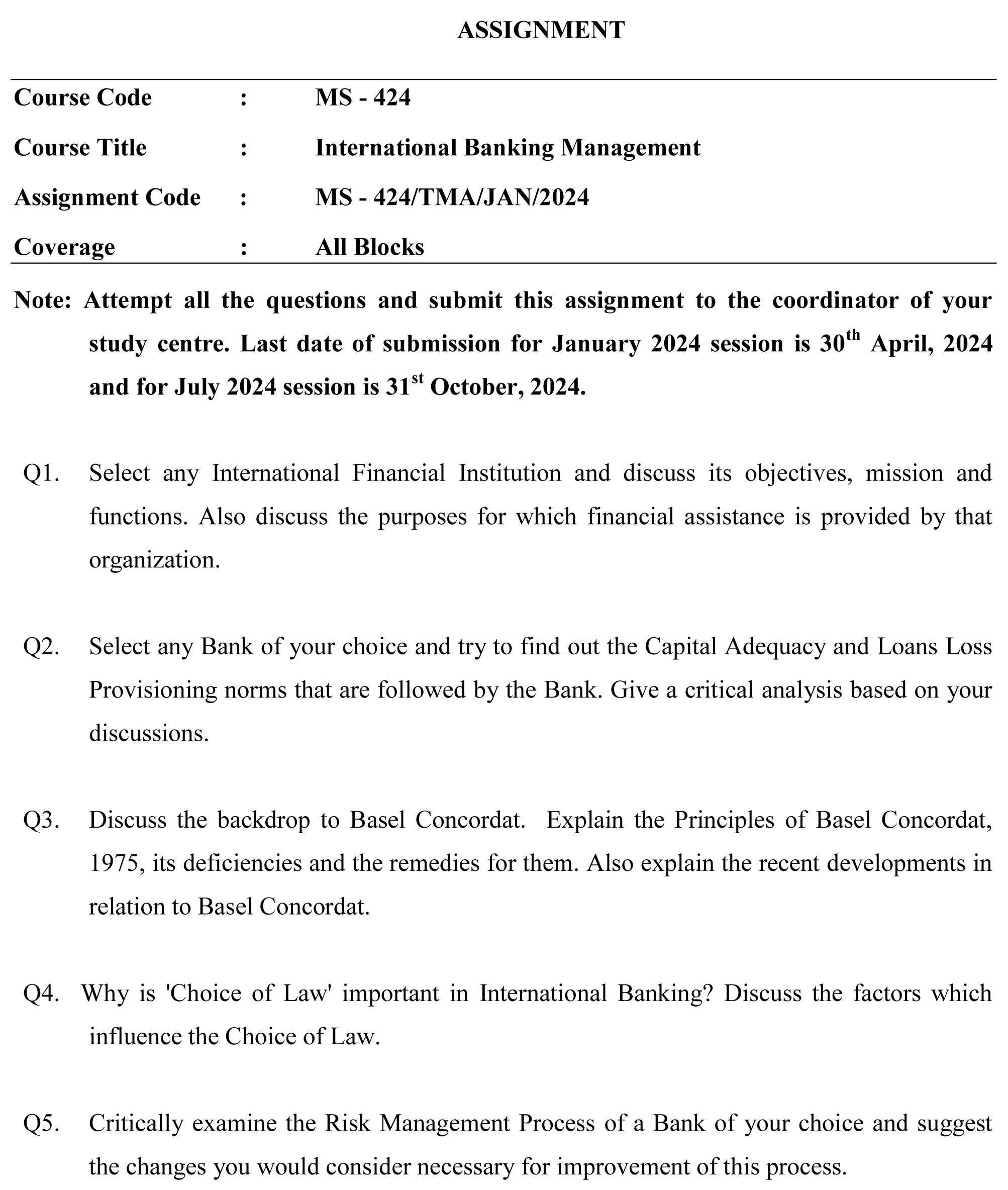 IGNOU MS-424 - International Banking Management Latest Solved Assignment-January 2024 - July 2024