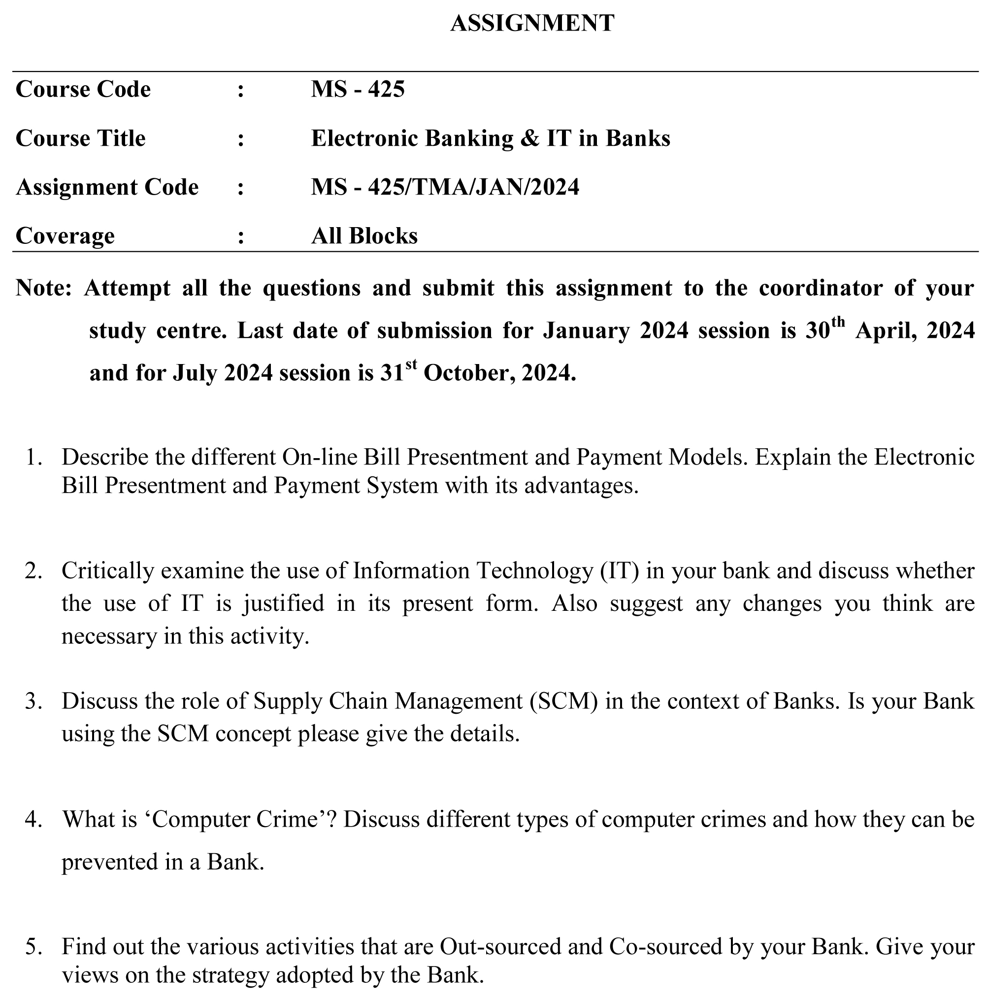 IGNOU MS-425 - Electronic Banking and IT in Banks Latest Solved Assignment-January 2024 - July 2024