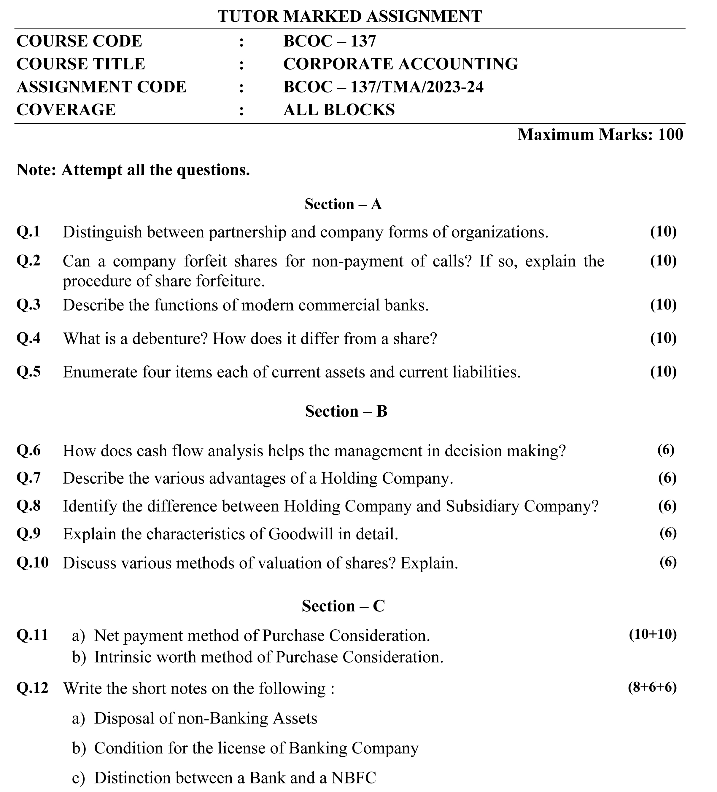 IGNOU BCOC-137 - Corporate Accounting, Latest Solved Assignment-January 2024 - December 2024