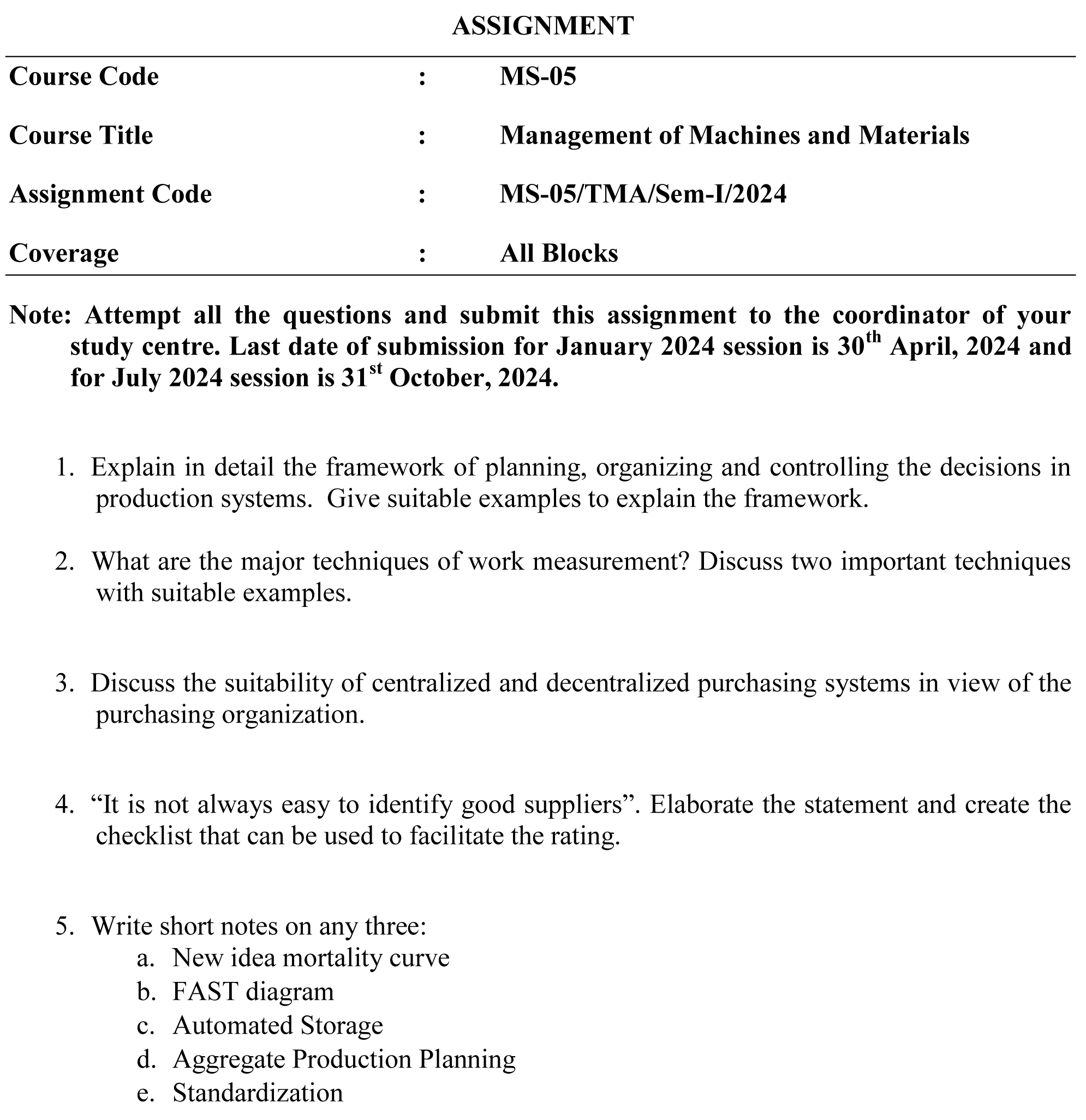 IGNOU MS-05 - Management of Machines and Materials (MS) Latest Solved Assignment-January 2024 - July 2024