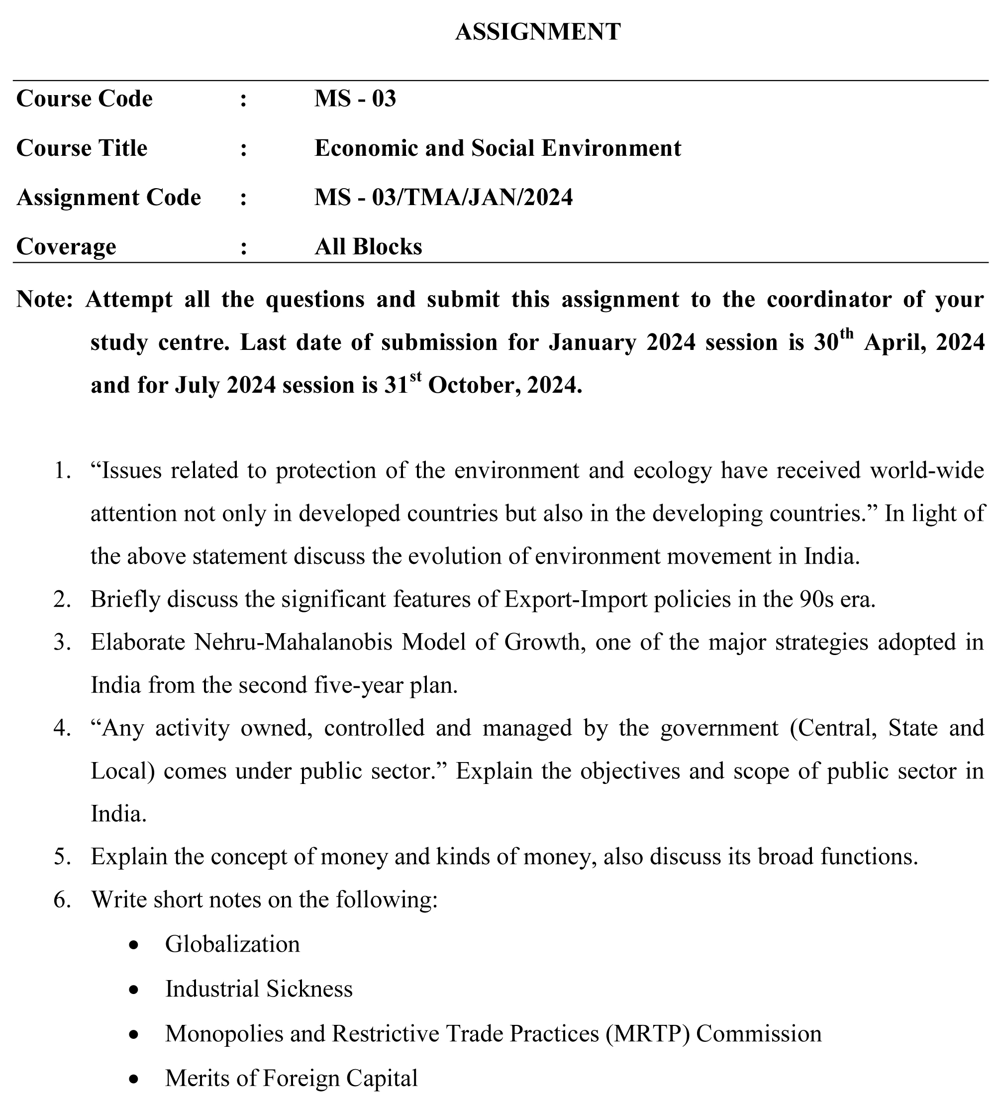 IGNOU MS-03 - Economic and Social Environment Latest Solved Assignment-January 2024 - July 2024