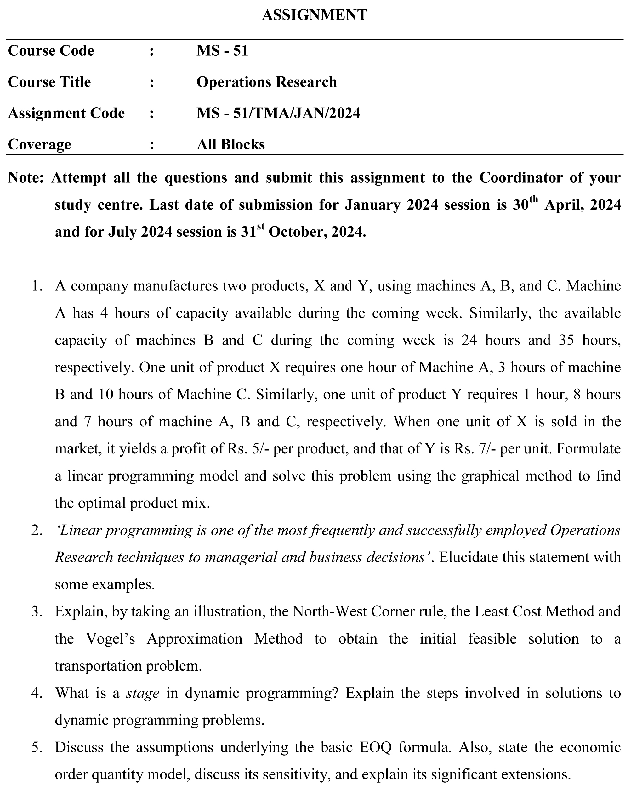 IGNOU MS-51 - Operations Research Latest Solved Assignment-January 2024 - July 2024