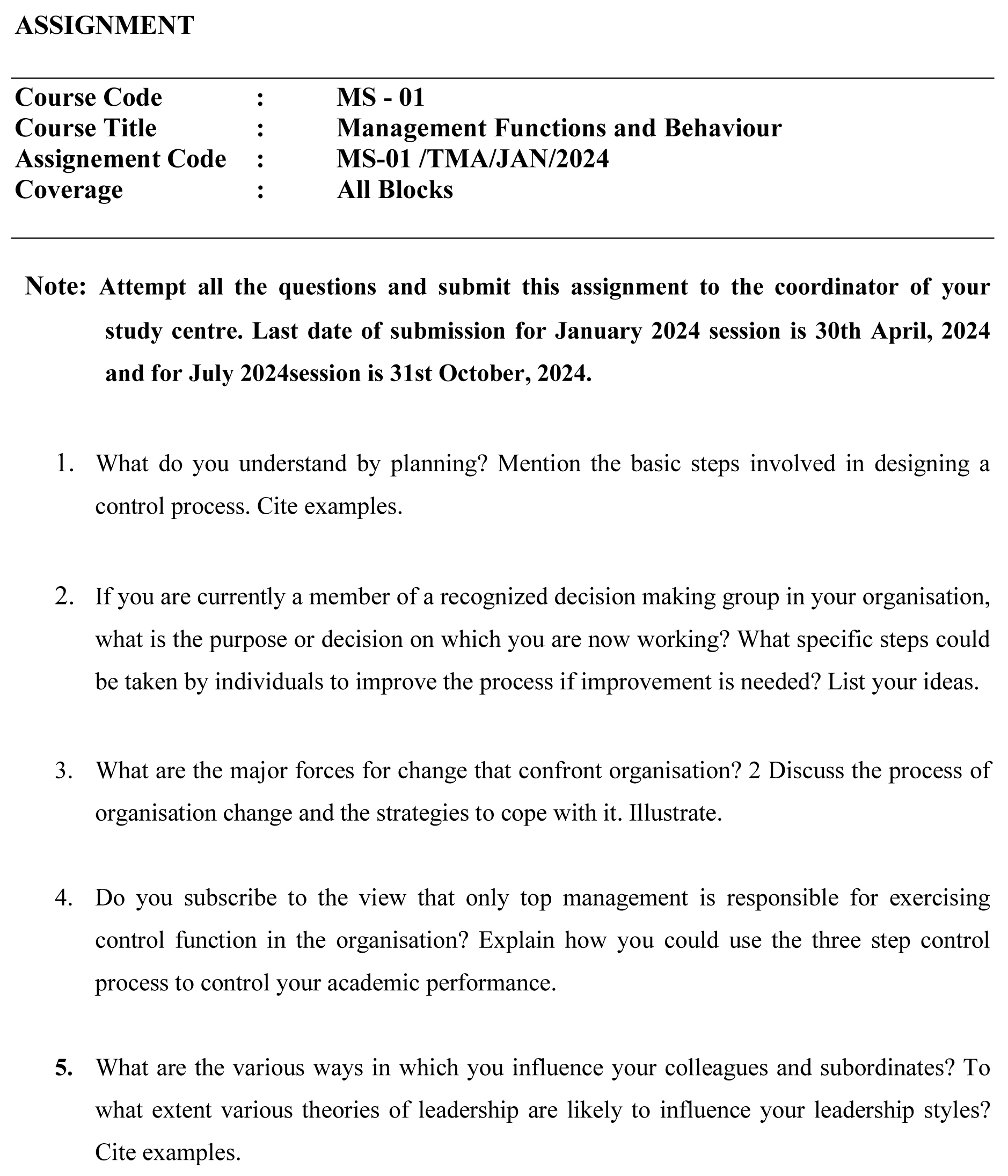 IGNOU MS-01 - Management Functions and Behaviour Latest Solved Assignment-January 2024 - July 2024