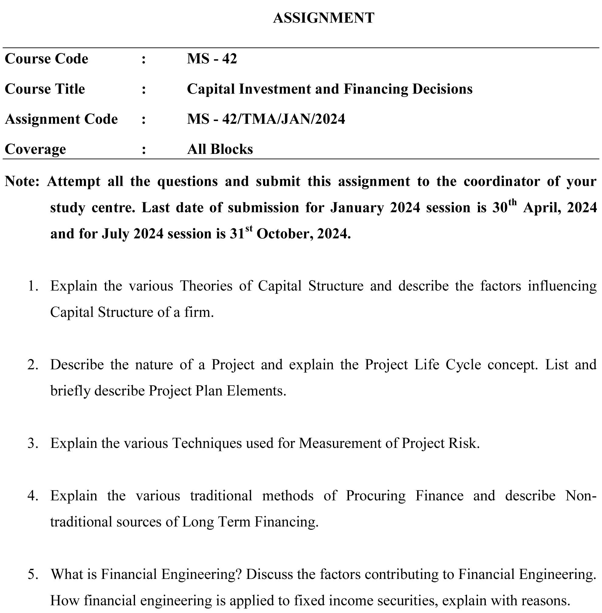 IGNOU MS-42 - Capital Investment and Financing Decision Latest Solved Assignment-January 2024 - July 2024