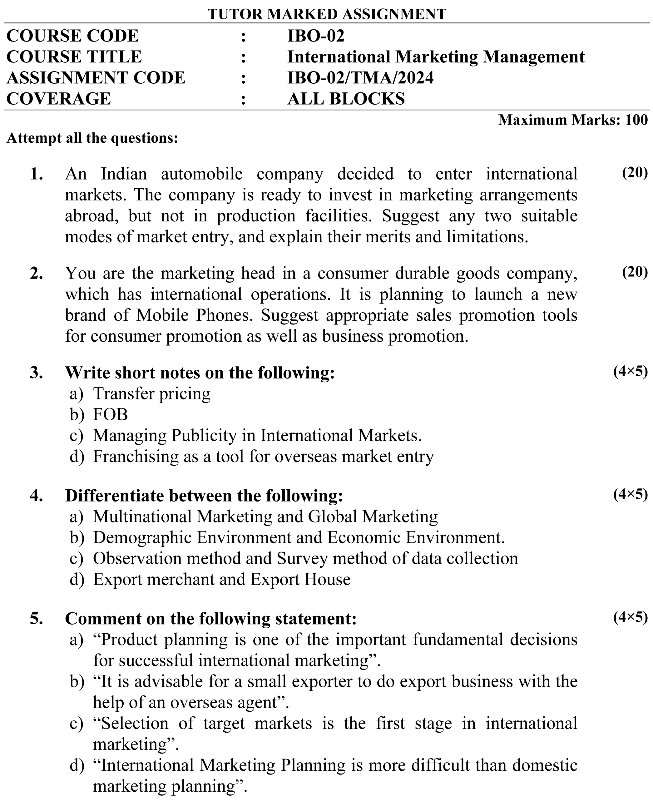 IGNOU IBO-02 (PGDIBO) - International Marketing Management Latest Solved Assignment-January 2024 - July 2024