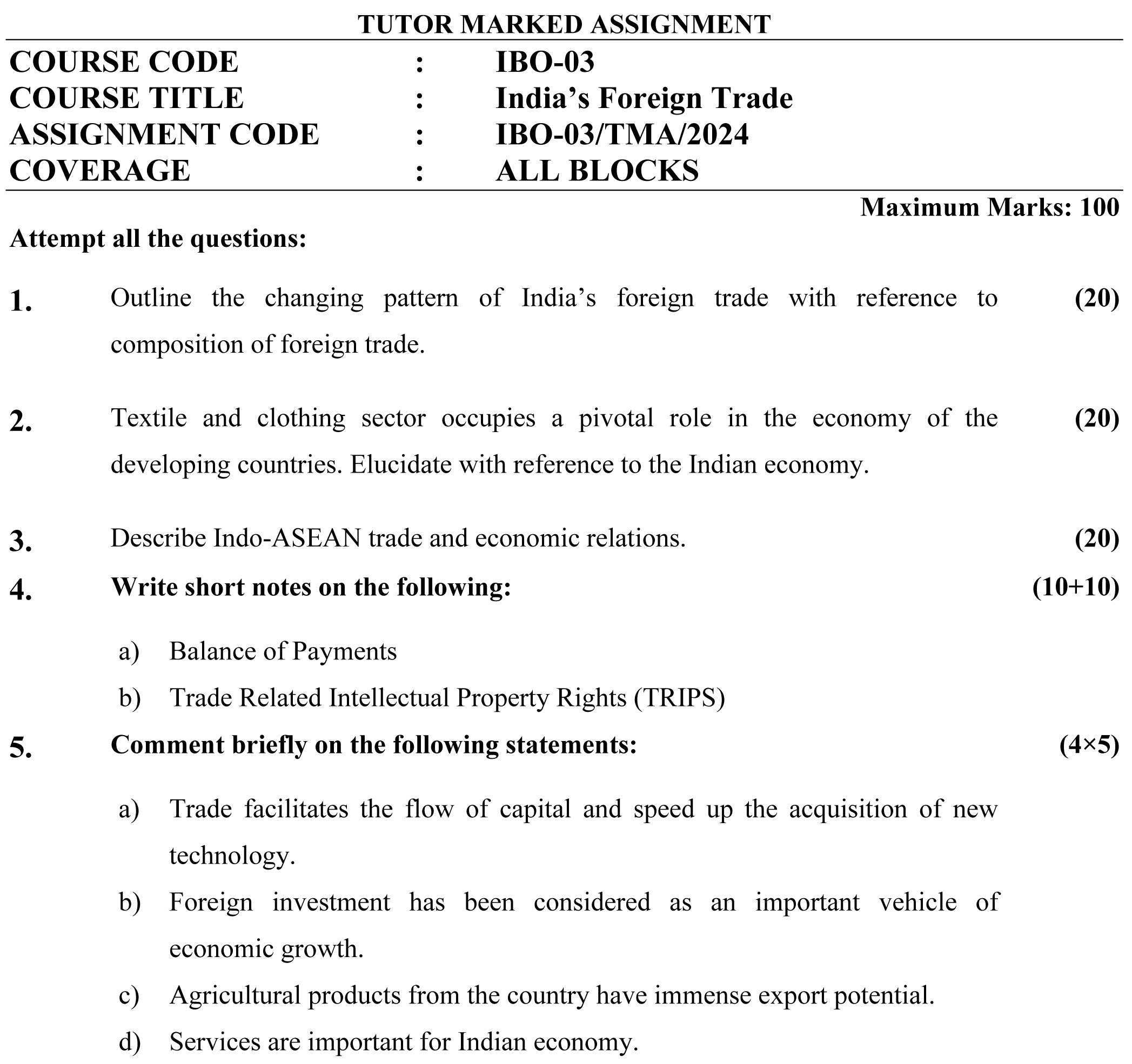 IGNOU IBO-03 (PGDIBO) - India's Foreign Trade Latest Solved Assignment-January 2024 - July 2024