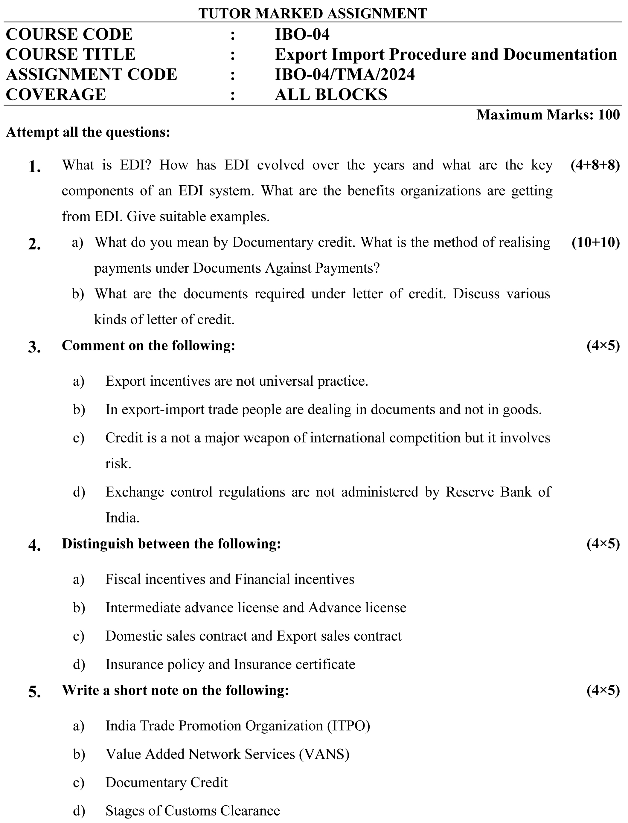 IGNOU IBO-04 (PGDIBO) - Export Import Procedures and Documentation Latest Solved Assignment -January 2024 - July 2024