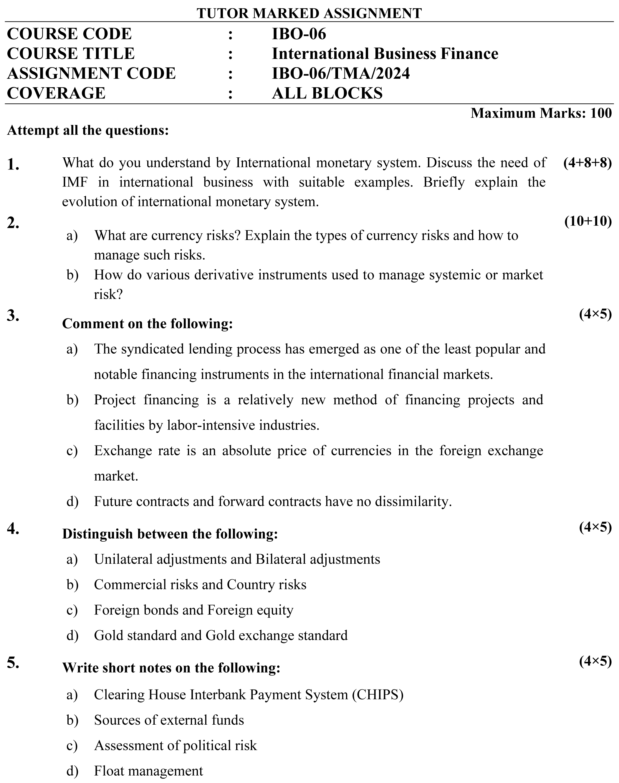 IGNOU IBO-06 (PGDIBO) - International Business Finance Latest Solved Assignment-January 2024 - July 2024