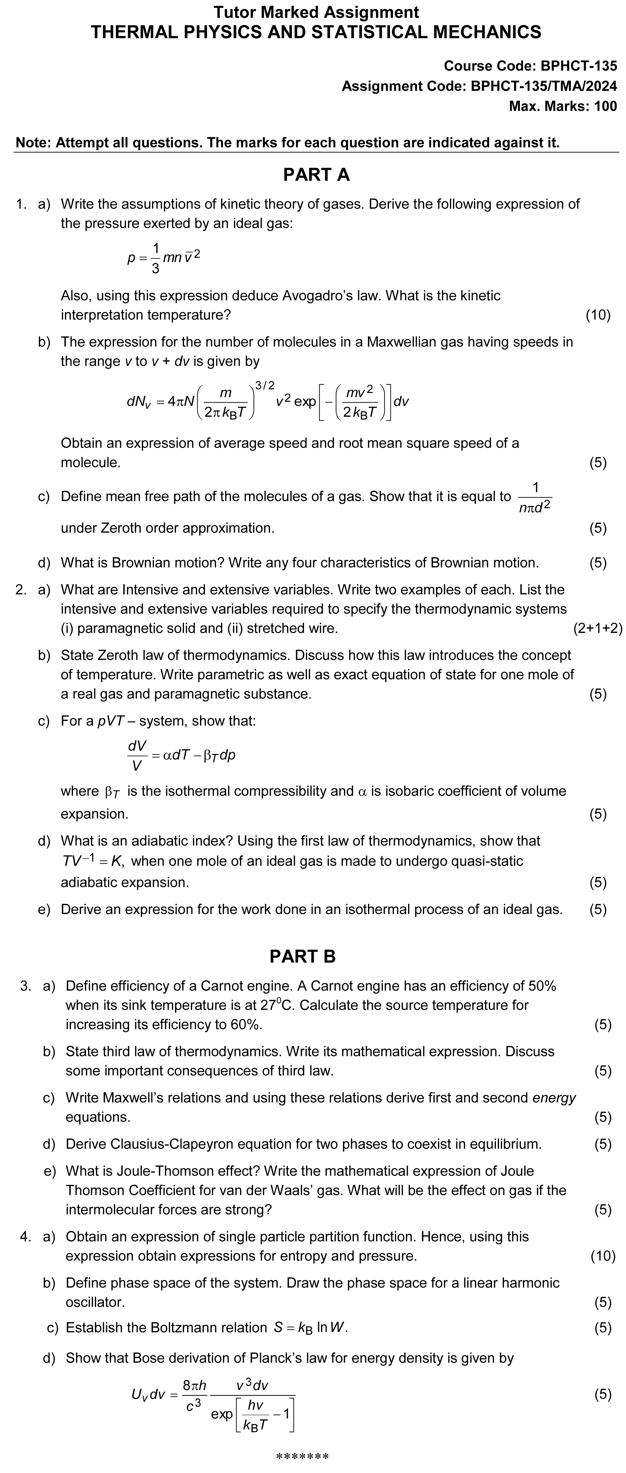 BPHCT-135 - Thermal Physics and Statistical Mechanics-January 2024 - December 2024