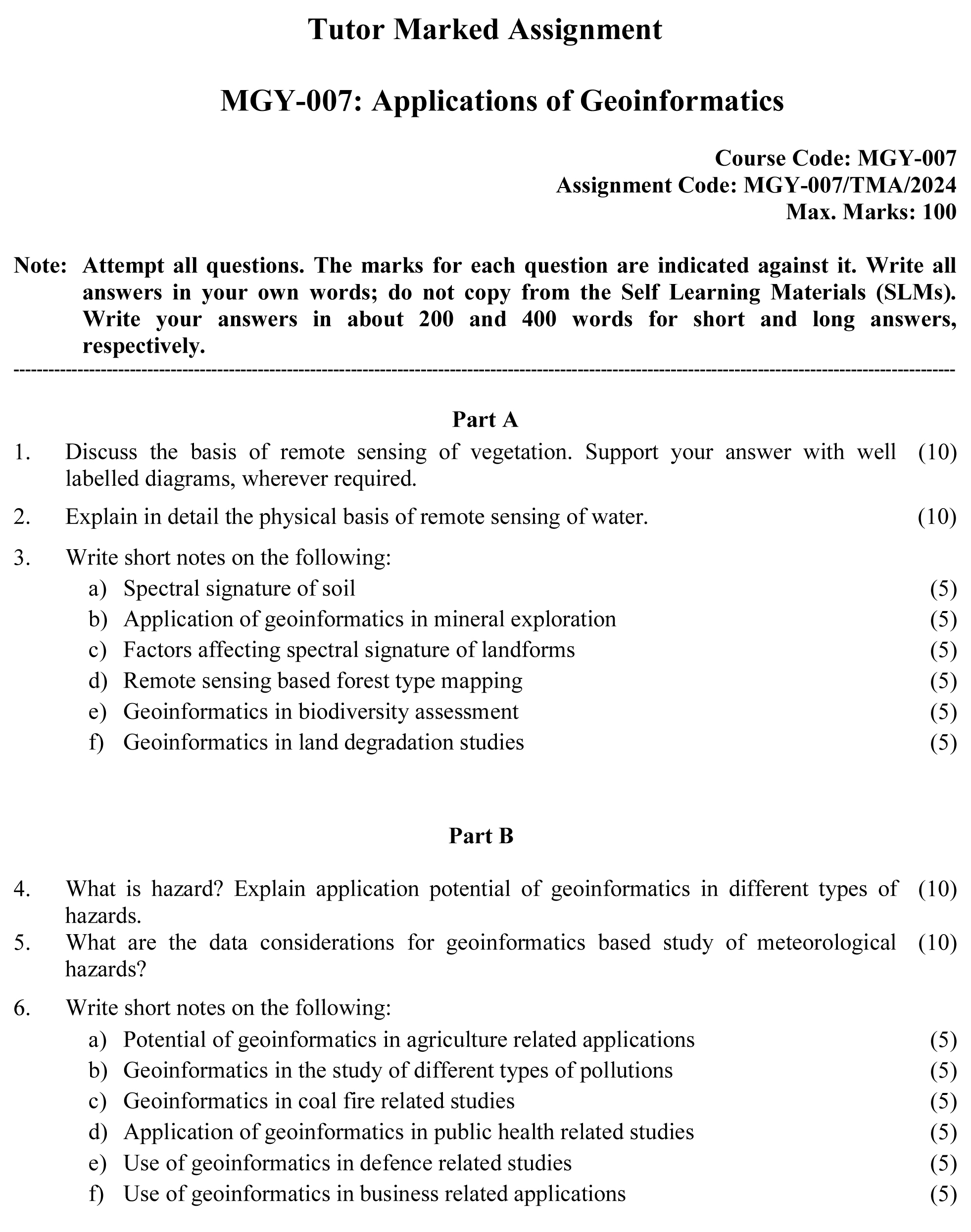 IGNOU MGY-07 - Applications of Geoinformatics Latest Solved Assignment-January 2024 - December 2024