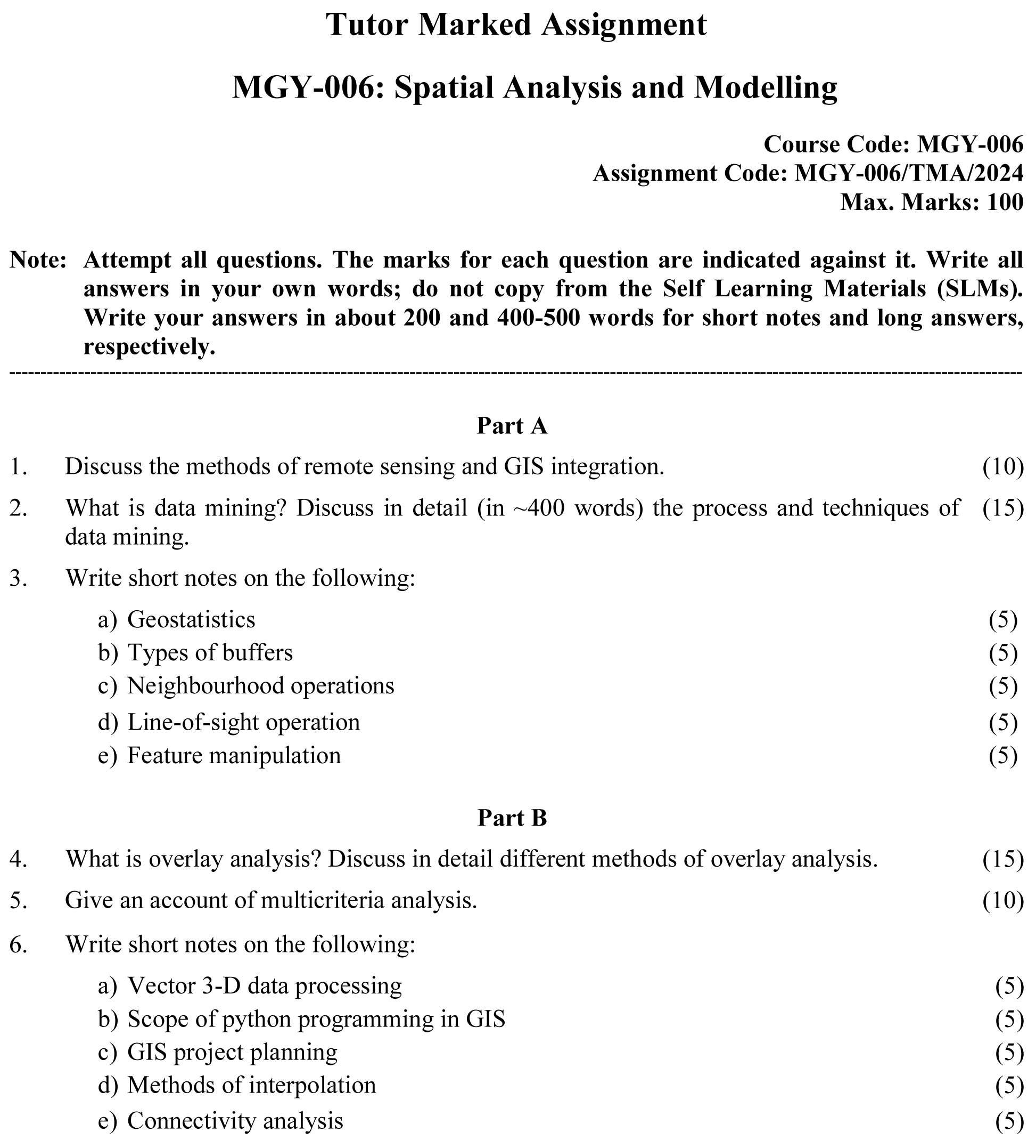 IGNOU MGY-06 - Spatial Analysis and Modelling Latest Solved Assignment-January 2024 - December 2024