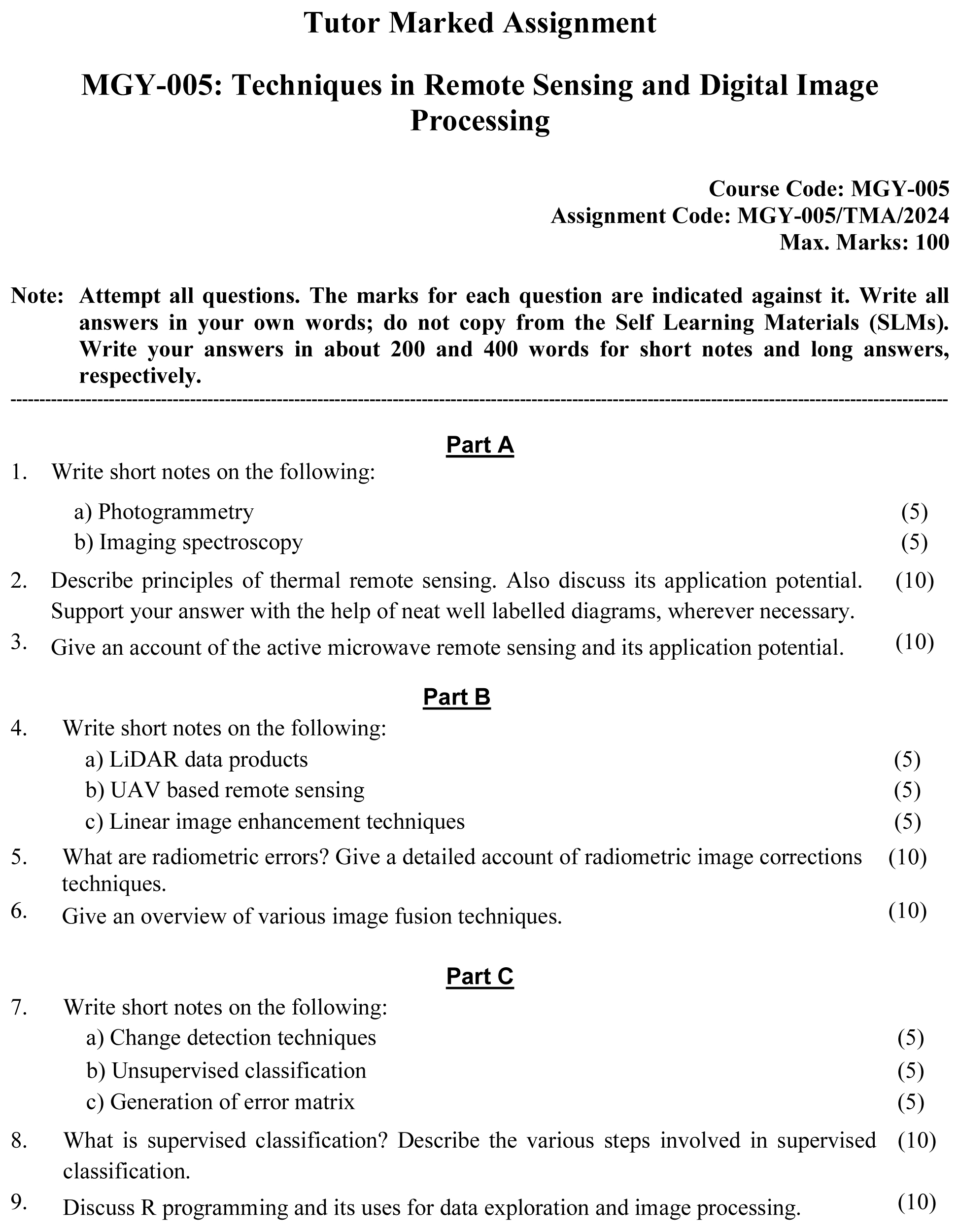 IGNOU MGY-05 - Techniques in Remote Sensing and Digital Image Processing Latest Solved Assignment-January 2024 - December 2024