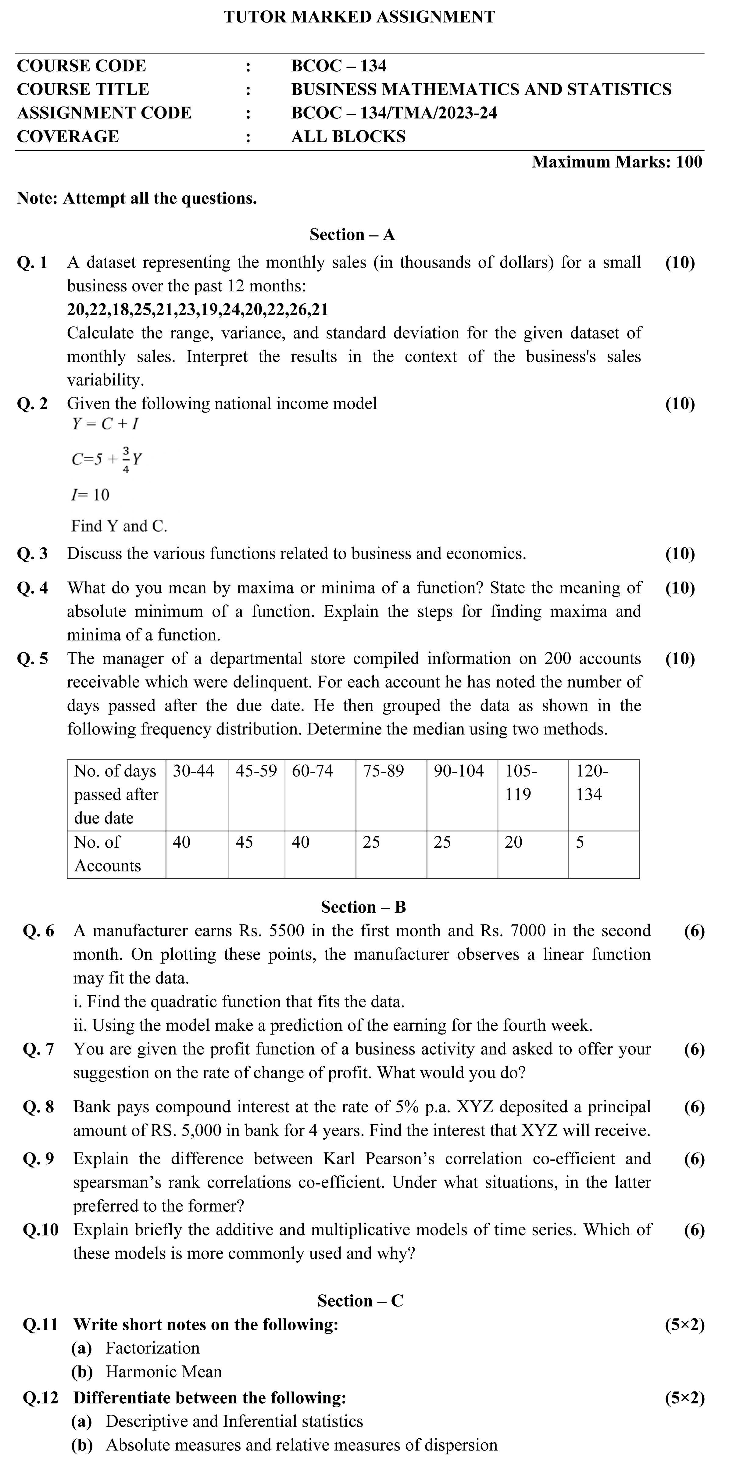 IGNOU BCOC-134 - Business Mathematics and Statistics, Latest Solved Assignment-January 2024 - December 2024