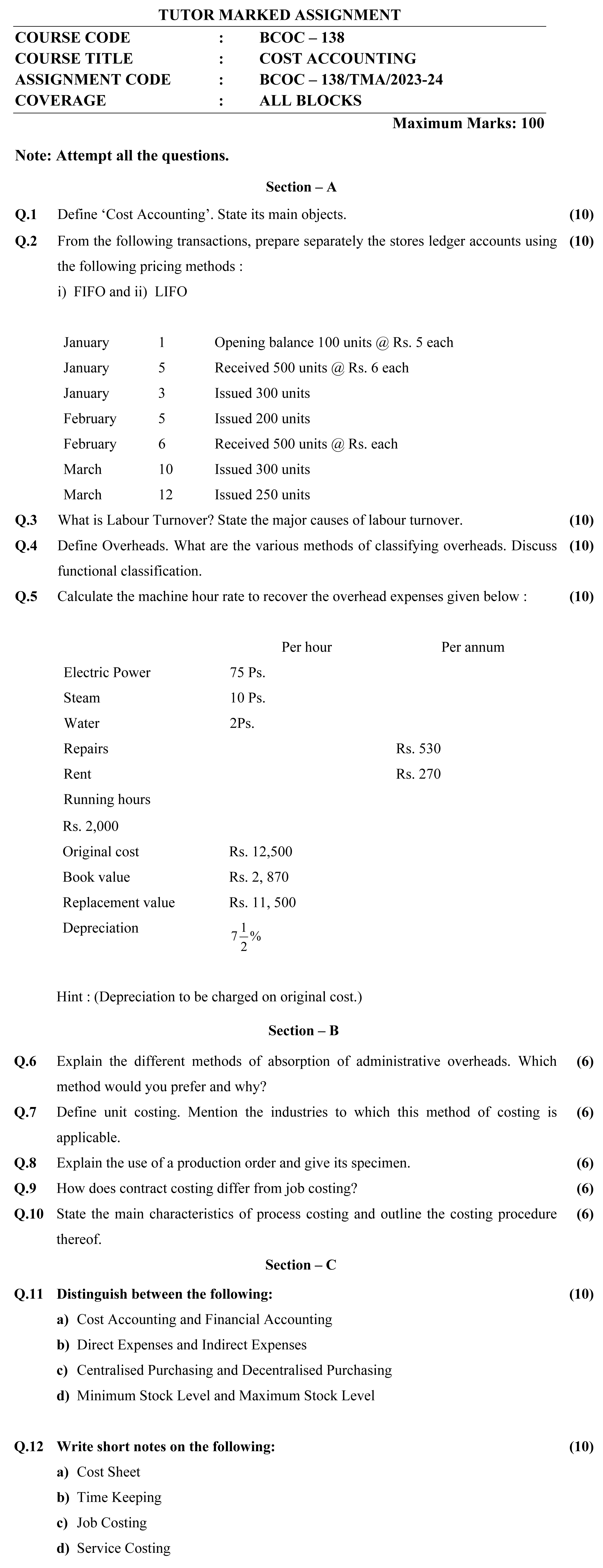 IGNOU BCOC-138 - Cost Accounting, Latest Solved Assignment-January 2024 - December 2024