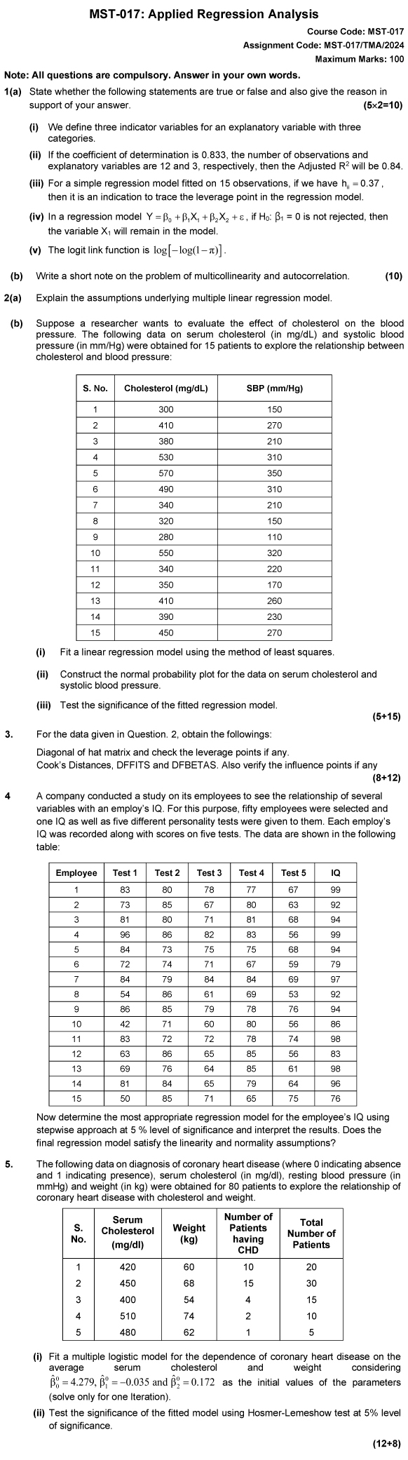 IGNOU MST-17 - Applied Regression Analysis Latest Solved Assignment-January 2024 - December 2024