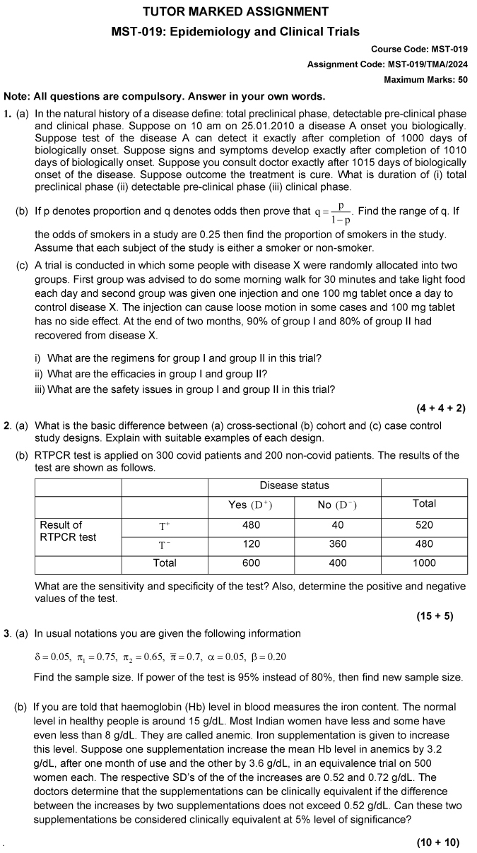 IGNOU MST-19 - Epidemiology and Clinical Trials Latest Solved Assignment-January 2024 - December 2024